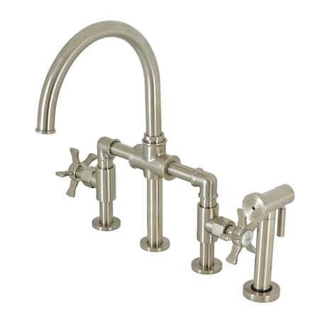 Kingston Brass KS2338NX Industrial Style Bridge Kitchen Faucet with Brass Sprayer, Brushed Nickel KS2338NX